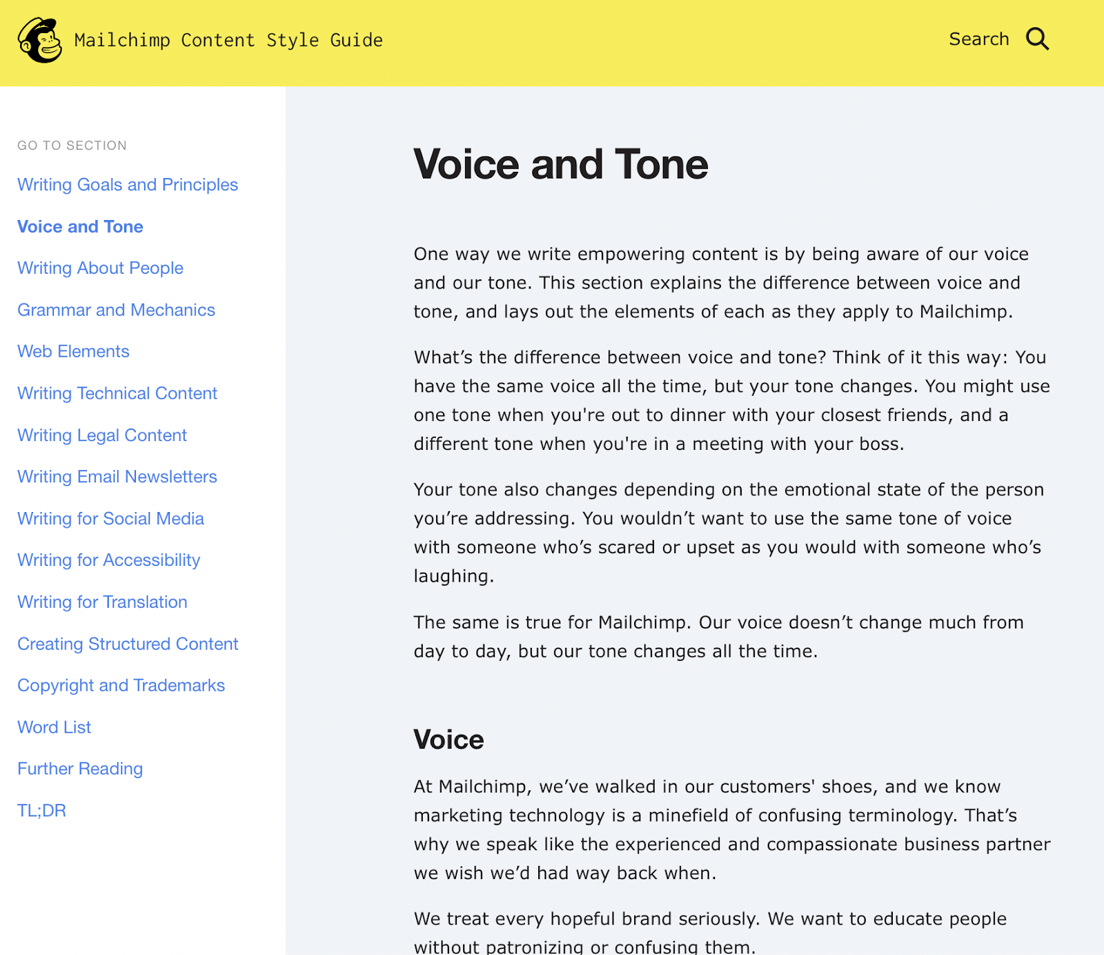 Voice and Tone Example from Mailchimp